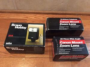 Canon Mount Zoom Lens 75-200mm  28-75mm f/3.5-4.5 Braun Hobby 23B Flash