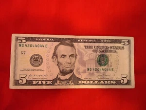 fancy serial number 2013 Series $5 dollar trinary bill MG42044044E - Picture 1 of 2