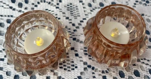 CLEAR PINK FACETED GLASS TEA LIGHT HOLDER PAIR WITH 2 LED TEA LIGHTS ~ - Picture 1 of 8
