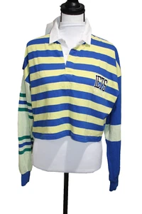 Neu mit Etikett Iets Frans Urban Outfitters gestreiftes kurz geschnittenes Rugby-Polo für Damen gelb blau M - Bild 1 von 7