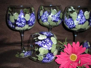 HAND PAINTED LILACS IN PURPLE AND GREEN 19 OUNCE GOBLETS/ SET/4(MADE IN THE USA) - Picture 1 of 1
