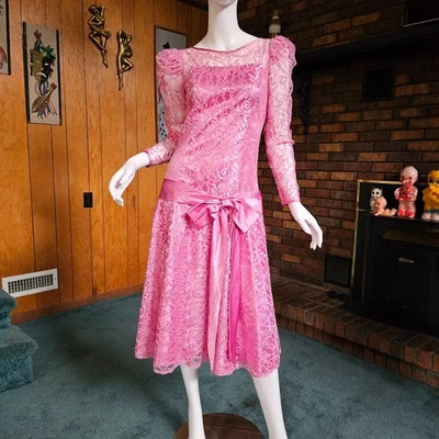 Vtg 80s do 20s Revival Dusty Rose Lace Puff Sleeve Fairy Flapper Party Dress M - Image 1 of 4
