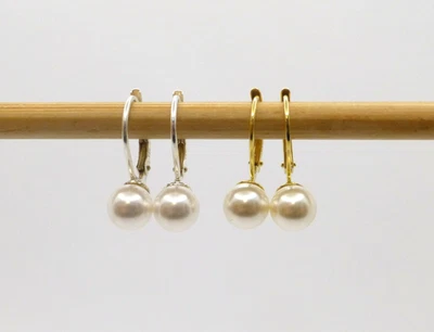 Perlen-Ohrringe Patent-Brisur Perle 6mm Silber 925 Gold -Farbwahl- Brautschmuck - Bild 1 von 4