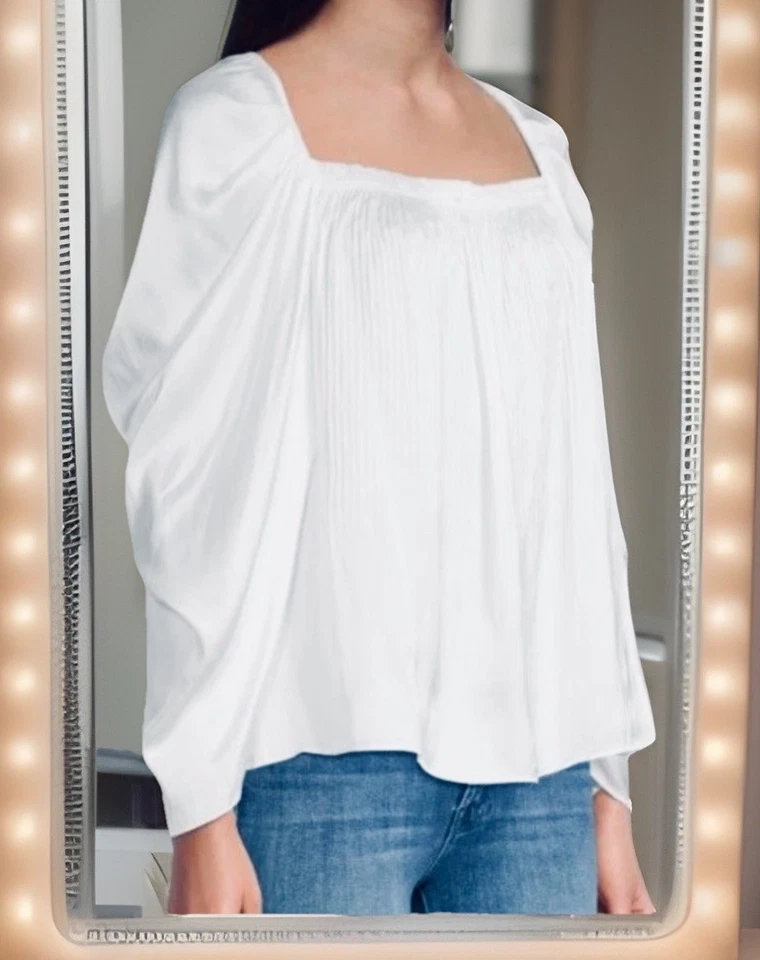 $458 KOBI HALPERIN Blouse Women S DINA Plisse Square Neck Satin White Tunic EUC - Image 1 of 4
