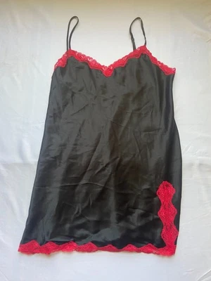 Vintage Y2K Victoria's Secret black satin red lace mini slip dress L - Image 1 of 4