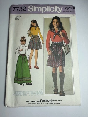 VTG Simplicity 7732 Girls Skirts (2) Lengths Top & Scarf SZ 7 Girls UNCUT;FF - Image 1 of 4