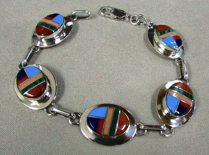 Sterling Silber und bunte Block Stein Inlay Gliederarmband + - Bild 1 von 3