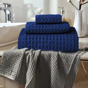 3 Piece Navy Cotton Bath Towel Set Waffle Absorbent Quick Dry Bath Towels - Picture 1 of 5