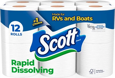 KIMBERLY-CLARK CORP. Scott Rapid-Dissolving Toilet Paper, 12 Toilet Paper Rolls, Bath Tissue RV&Boats