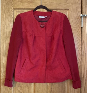 Studio Works Size 12 Red Faux Suede Jacket Knit Sleeves Magnet Closure - Picture 1 of 6