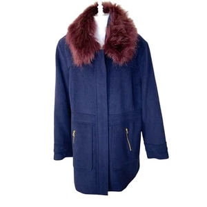 Loft Womens Faux Fur Collar Winter Over Coat Navy Blue Size Medium Wool Blend - Picture 1 of 14