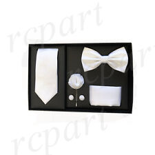 New formal Men's lapel pin skinny necktie hankie cufflinks bowtie gift set White