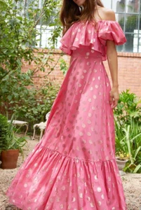 ABITO A POIS METALLICO A POIS $995 ML MONIQUE LHUILLIER taglia 6 OFF SPALLA ROSA/ORO - Foto 1 di 12