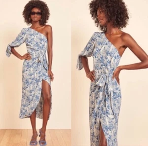 Reformation Blue White Surf Board Palm Hawaiian Wrap One Shoulder Midi Sun Dress - Picture 1 of 12