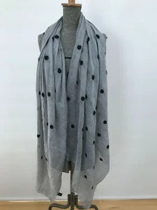 Grey linen blend scarf black embroidered polka dot spots work office  - Picture 1 of 8