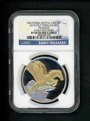 Tokelau 2014 Gilt $5 Silver NGC PF69 ULTRA CAMEO Pegasus Early Release Creatures - Image 1 of 4