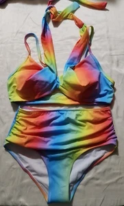 Size Medium Women's Swimsuit Highwaisted Bikini 2 Piece Striped - Picture 1 of 3