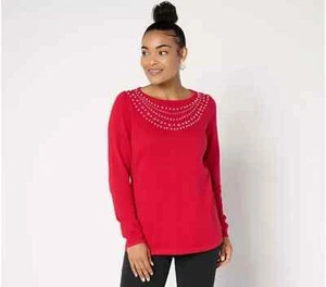 Quacker Factory Pearl Rhinestone Necklace Long Slv Sweater RUBY RED 3X A668150 - Picture 1 of 1