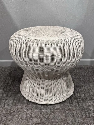 Vntg MCM 1960's-1970s White Rattan Wicker Mushroom Shaped Stool Side Table Patio - Image 1 of 4