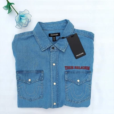 True Religion Shirt Men M Denim Chambray Pearl Snap Western Pockets Blue NWT$99 - Image 1 of 4