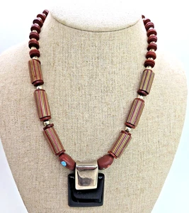 Vtg Venetian Glass Striped African Trade Bead Artisan Necklace 17n - Picture 1 of 4