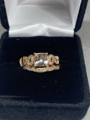Juego de boda de morganita y diamantes de oro rosa de 14k talla 7 Foto 1 de 4