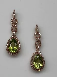 10K Rose Gold Pear Shape Peridot and 0.25ct twt Diamond Dangle Earrings New - Picture 1 of 12