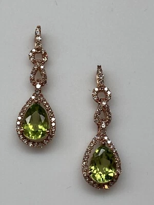 10K Rose Gold Pear Shape Peridot and 0.25ct twt Diamond Dangle Earrings New - Image 1 of 4