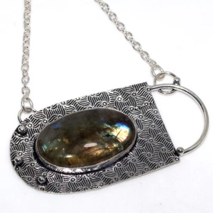 Fiery Labradorite 925 Silver Plated Necklace 17" Aesthetic Jewellery AU A151 - Picture 1 of 3