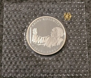 10 DM Gedenkmünze 125. Geb. v. Käthe Kollwitz, 1992 G, Silber, PP in Noppenfolie - Bild 1 von 2