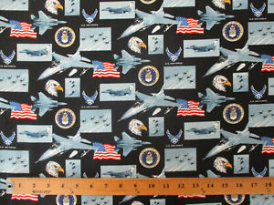 AIR FORCE PLANES AIRPLANES USA FLAG LOGO EAGLE BLACK COTTON FABRIC FQ
