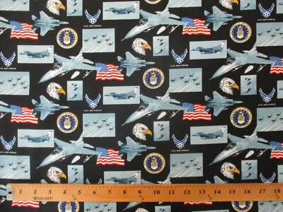 AIR FORCE PLANES AIRPLANES USA FLAG LOGO EAGLE BLACK COTTON FABRIC FQ - Image 1 of 4