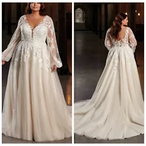 Flowy Lace Bridal Gown Wedding Dress Custom made Plus Size 2-28W Buttons Ivory - Picture 1 of 9