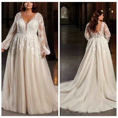 Flowy Lace Bridal Gown Wedding Dress Custom made Plus Size 2-28W Buttons Ivory - Image 1 of 4