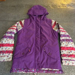 Roxy Girls 10K Hooded Insulated Ski Snow Jacket XL 16 Purple White Stripe Floral - Picture 1 of 14