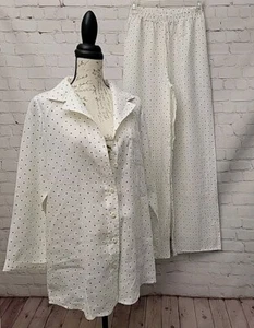 Flachs Damen Leinen Pyjama Set Größe Petite weiß schwarz gepunktet Hose & Knopfleiste - Bild 1 von 13