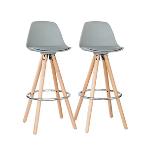 Hacienda 2 PU Leather Padded Barstools (Light Grey/Wood) with Metal Footrest - Picture 1 of 5