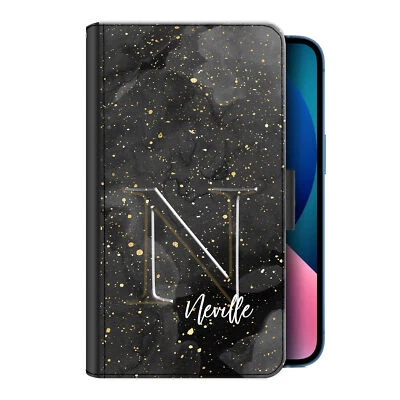 Personalised Phone Case For iPhone 13/12/X Charcoal Grey Marble PU Leather Cover - Image 1 of 4