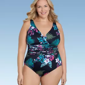 Women's Waist Detail Over the Shoulder One Piece Swimsuit Black Floral Plus 17 - Picture 1 of 13