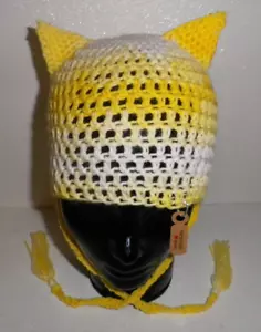 Hat Beanie Cap Adult Size Cat Ears HandMade In USA Crochet Strings Yellow White - Picture 1 of 3
