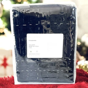 Pottery Barn NAVY Velvet Handcrafted Box Stitch Set of 2 STANDARD SHAMS - NEW - Picture 1 of 3