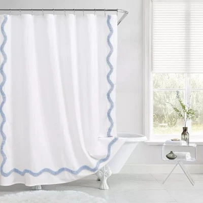 Cortina de ducha Peri Home 100 % algodón blanco y azul bebé con ribete de vieira 72" x 72" Foto 1 de 4
