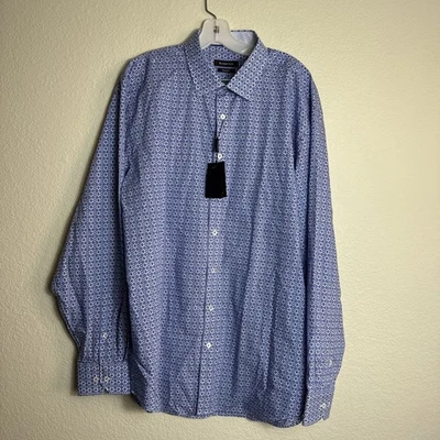 Bugatchi Men's Long Sleeve XXL Classic Fit Flip Cuffs Classic Blue Geometric NWT - Image 1 of 4