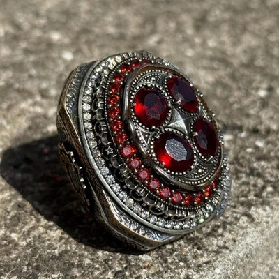 925 Silver Men Garnet Stone Ottoman Style Huge Men Ring - Image 1 of 4