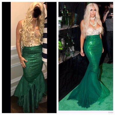 Mermaid Costume Blonde Wig Green Skirt Seashell Top Bustier Custom Made Set - Image 1 of 4
