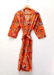 Indian Handmade Vintage Kimono Bird Print Cotton Bath Robes Maxi Night Gown - Picture 1 of 6