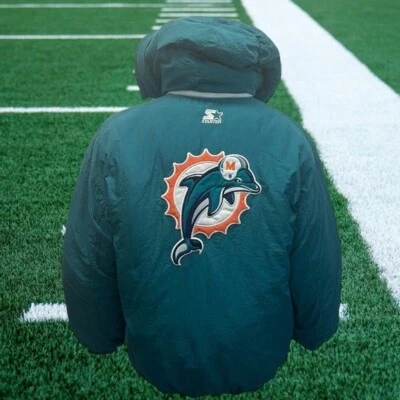 Vintage Miami Dolphins NFL Starter Full Embroidered Hooded Puffer Zip Jacket LG - Image 1 of 4