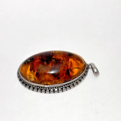 Victorian Style Sterling Silver Plastic Amber Color Fashion Pendant 2.25 In - Image 1 of 4