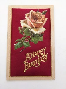 Vintage Embossed Happy Birthday Greetings Rose Satin Background Postcard - Picture 1 of 4