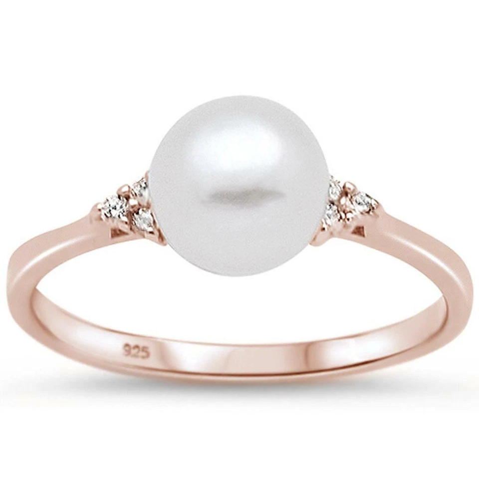 Solitaire Rose Gold Plated Fresh Water Pearl & CZ .925 Sterling Silver Ring - Image 1 of 2